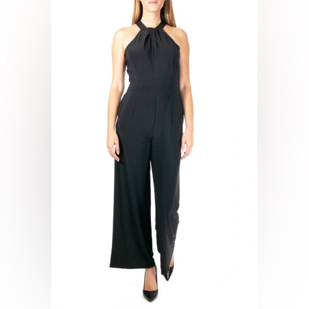 Nina Leonard Black Twist Halter Neck Knit Jumpsuit Size M